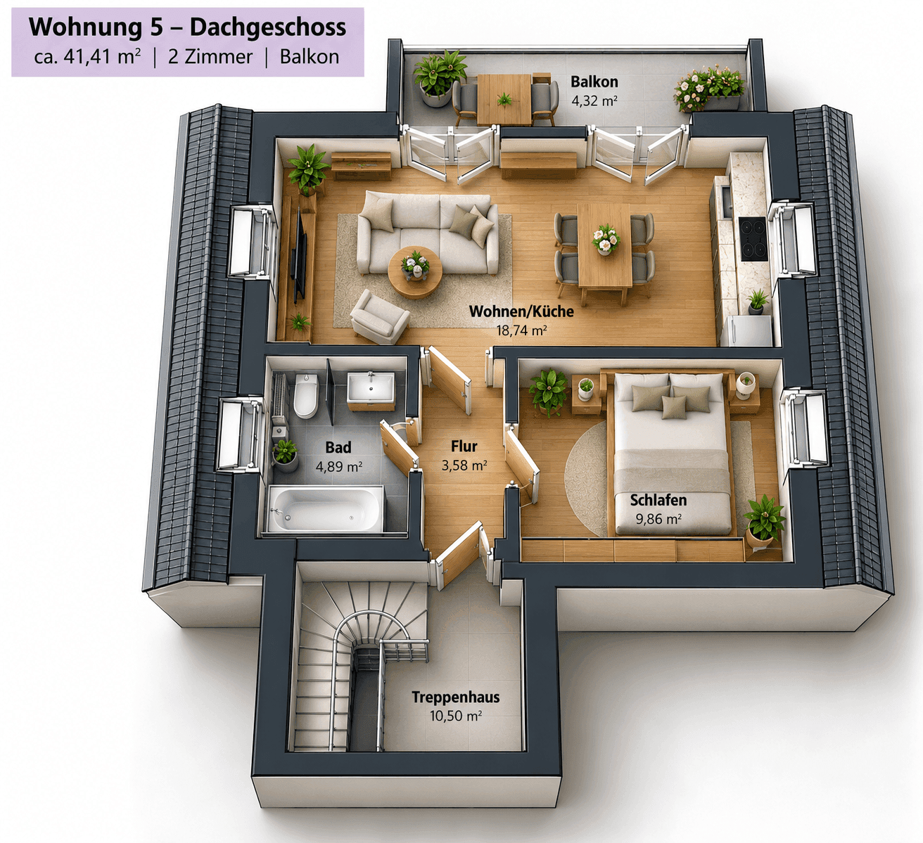 Moderne 2 Zimmer Dachgeschosswohnung mit Balkon und Blick ins Grüne, Bild 2